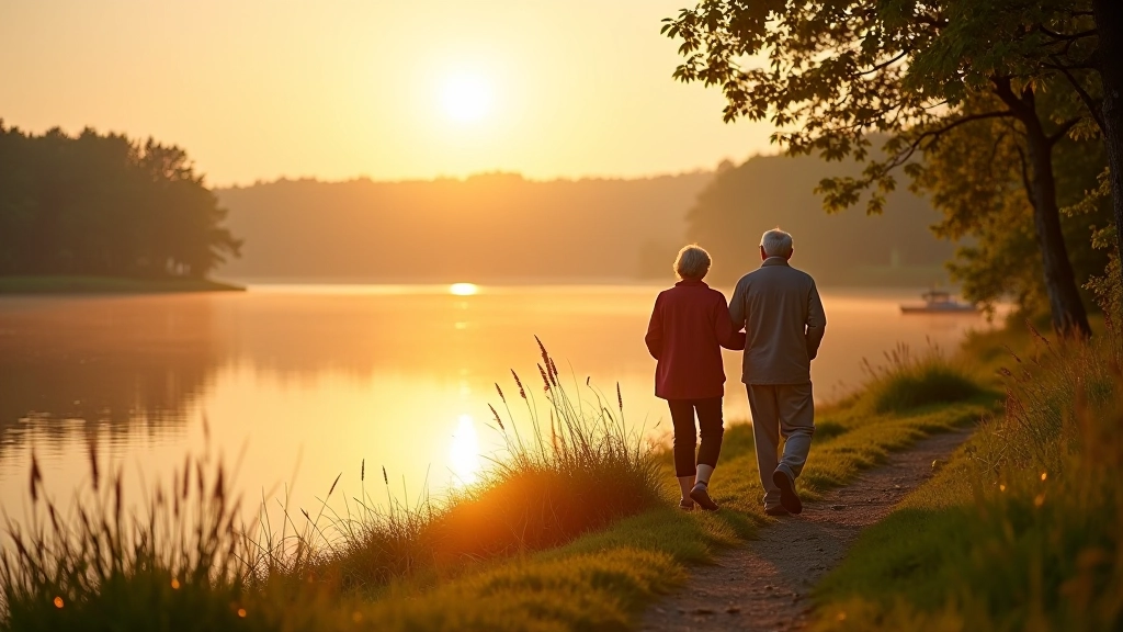 Seniori bauda Latvijas dabas skaistumu pie ezera, kur saule spīd un zāle ir skaista