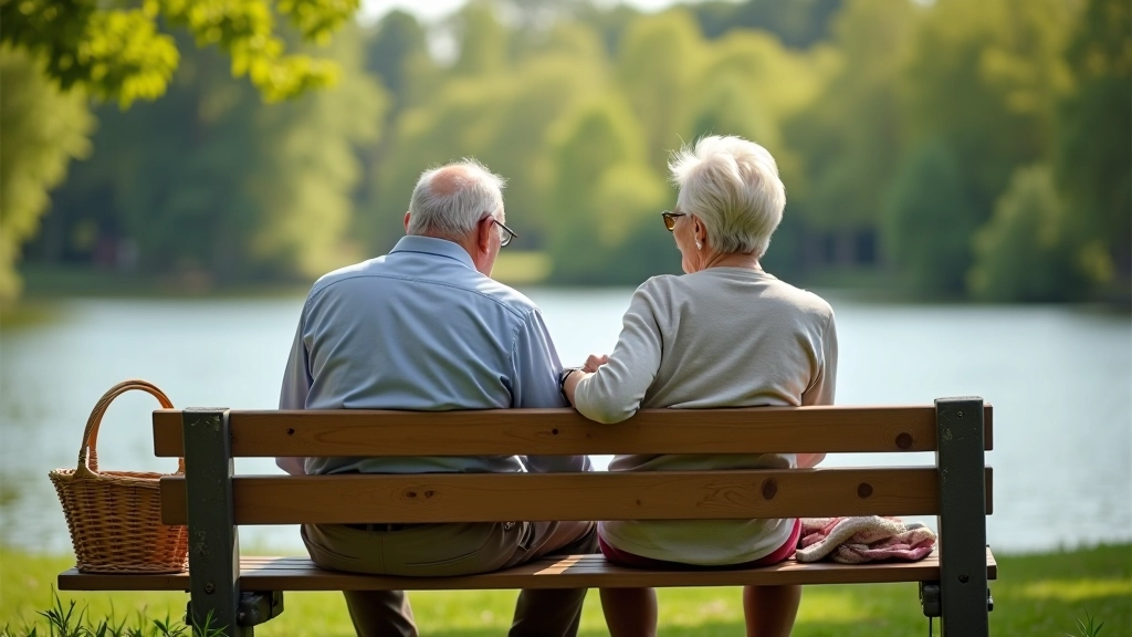 Seniori, kas sēž uz laviņas pie Rāznas Ezera, baudot piknika maltīti ar skatu uz ūdeni
