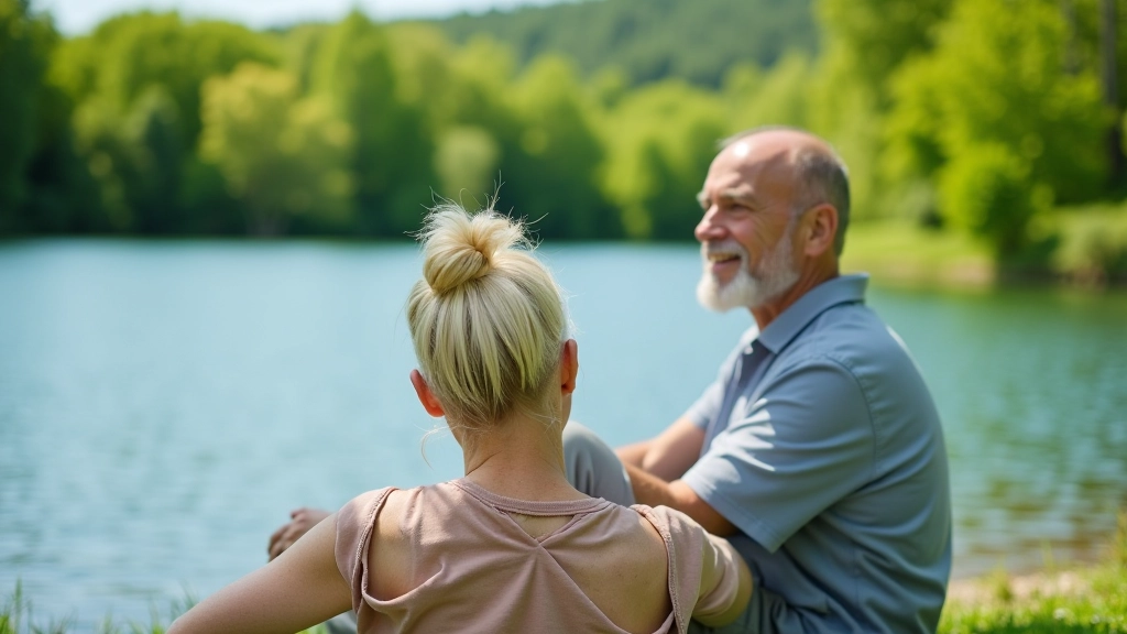Seniori atpūšas pie skaidra ezera, pavasara saulains dienas gaismas, zaļi koki fonā un mieru pilns lauks