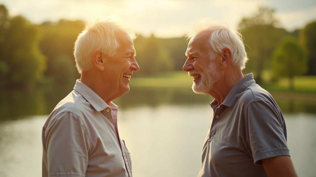 Divi seniori sarunājas un smaida pie ezera